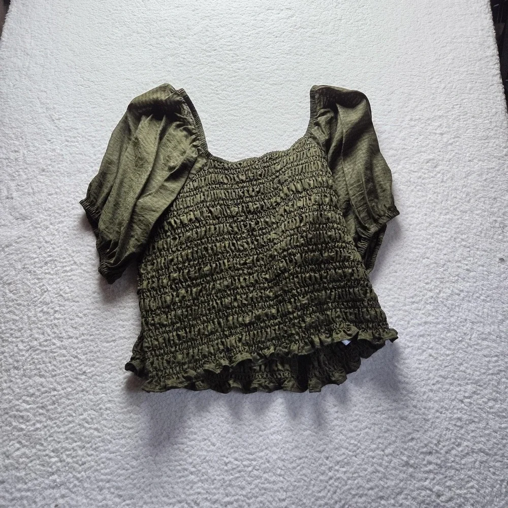 Old Navy Blouse Womens Plus 4X Green Square Neck Puff Sleeve Cropped Smocked Top